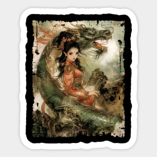 Vietnamese Girl with Dragon Traditional Art Sticker